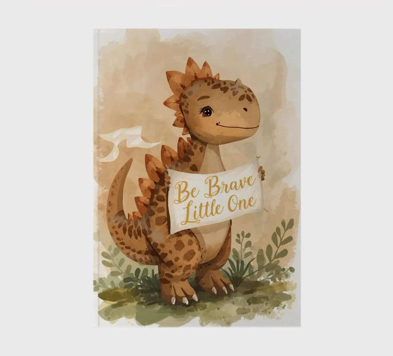 Un simpatico dinosauro con in mano lo striscione "Be Brave Little One". diario da DesignDoodle