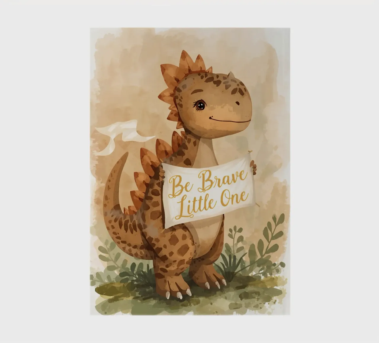 Un simpatico dinosauro con in mano lo striscione "Be Brave Little One". diario da DesignDoodle