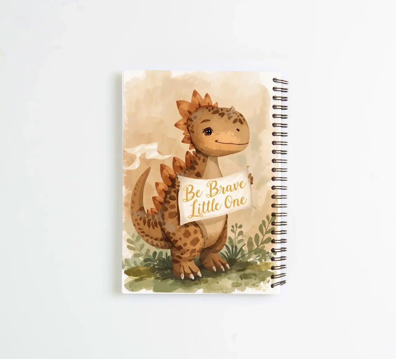 Un simpatico dinosauro con in mano lo striscione "Be Brave Little One". diario ad anelli da DesignDoodle