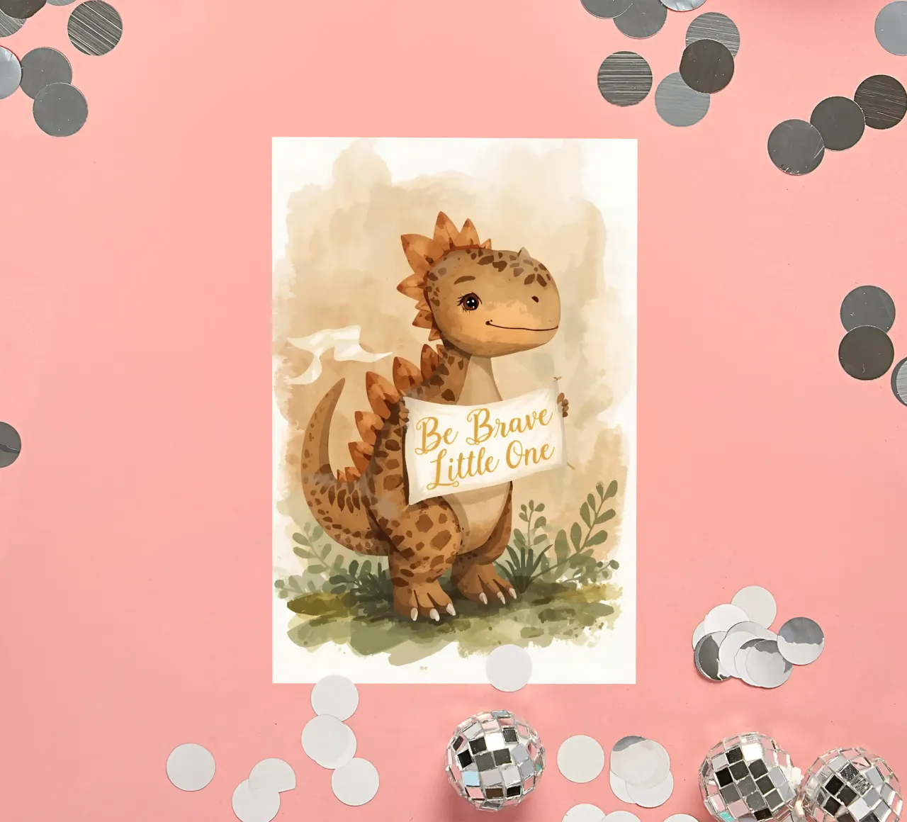 Un simpatico dinosauro con in mano lo striscione "Be Brave Little One". adesivo da DesignDoodle