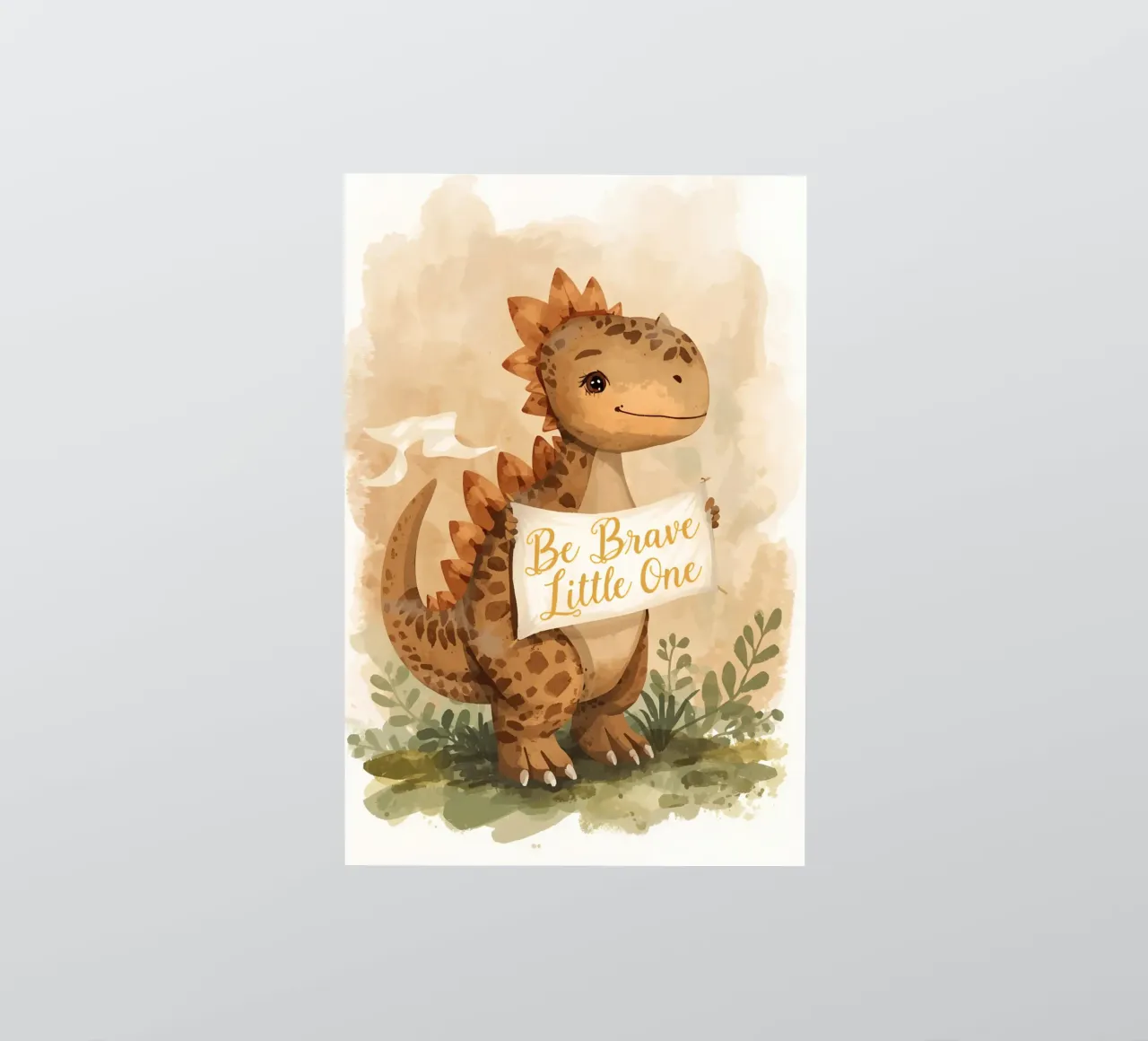 Un simpatico dinosauro con in mano lo striscione "Be Brave Little One". adesivo da DesignDoodle