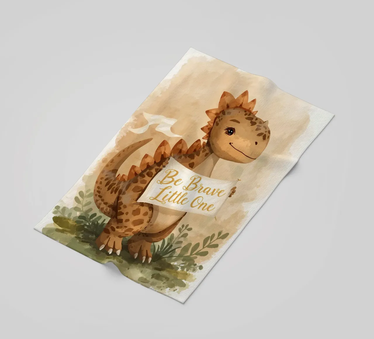 Un simpatico dinosauro con in mano lo striscione "Be Brave Little One". telo mare da DesignDoodle