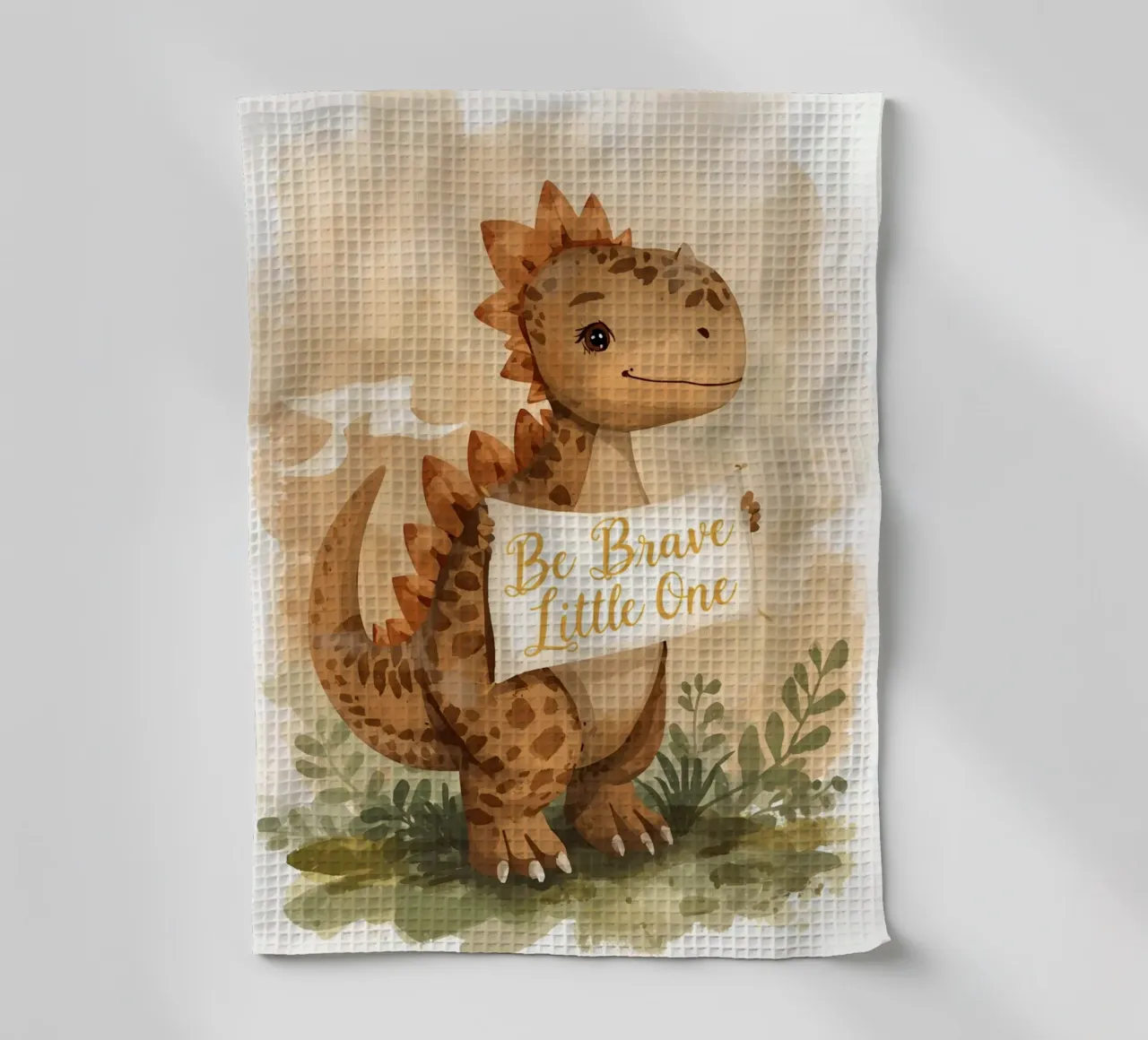 Mignon dinosaure tenant une bannière " Be Brave Little One " (Soyez courageux, mon petit) torchon de DesignDoodle
