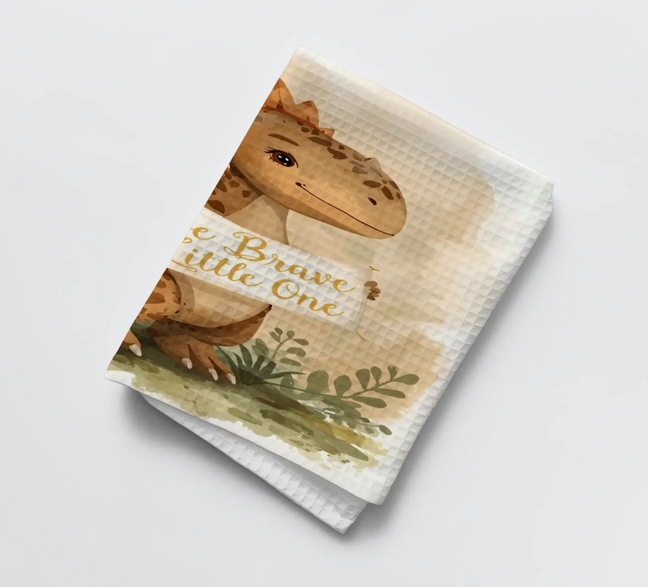 Mignon dinosaure tenant une bannière " Be Brave Little One " (Soyez courageux, mon petit) torchon de DesignDoodle