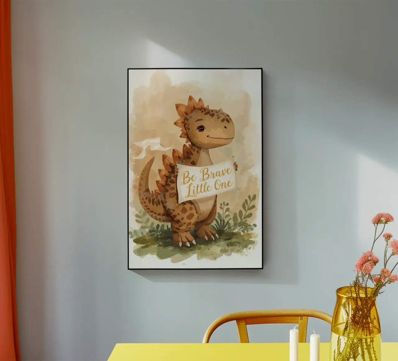 Un simpatico dinosauro con in mano lo striscione "Be Brave Little One". plexiglass da DesignDoodle