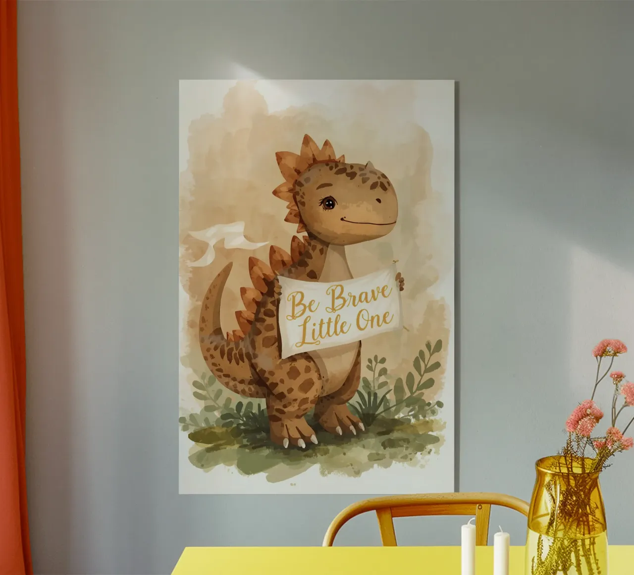 Un simpatico dinosauro con in mano lo striscione "Be Brave Little One". plexiglass da DesignDoodle