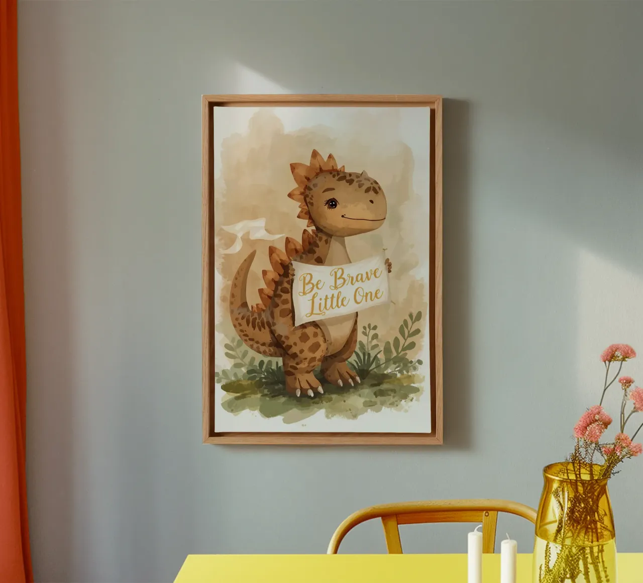 Un simpatico dinosauro con in mano lo striscione "Be Brave Little One". tela da DesignDoodle