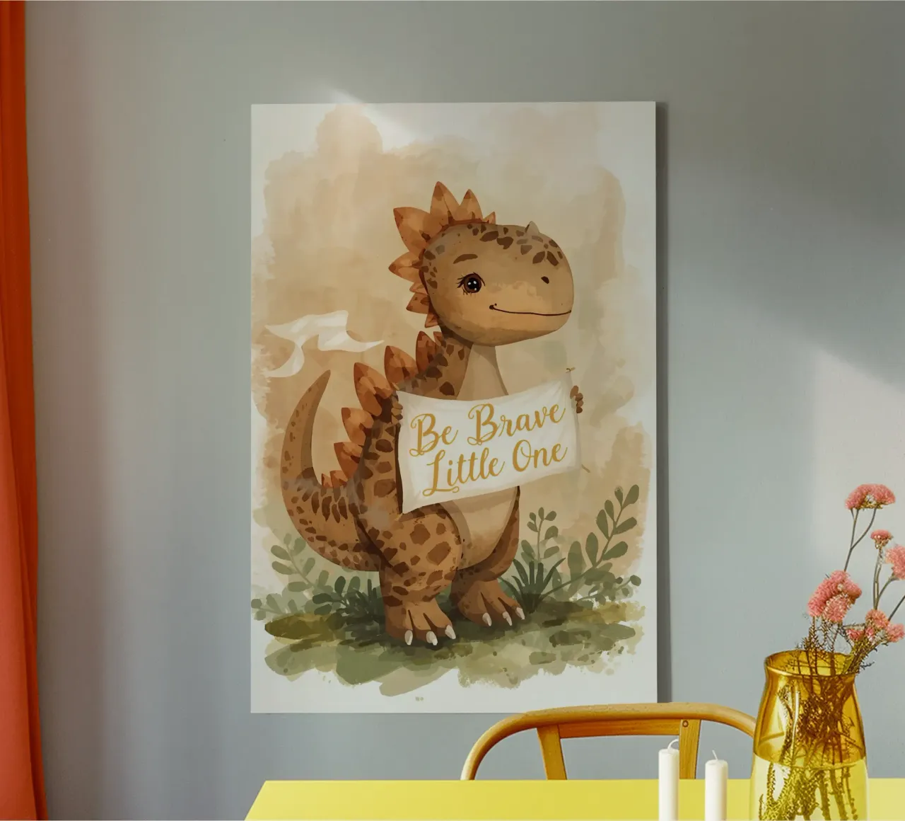 Un simpatico dinosauro con in mano lo striscione "Be Brave Little One". tela da DesignDoodle
