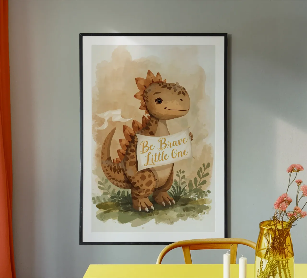 Lindo dinosaurio sosteniendo una pancarta " Be Brave Little One ". hahnemühle de DesignDoodle