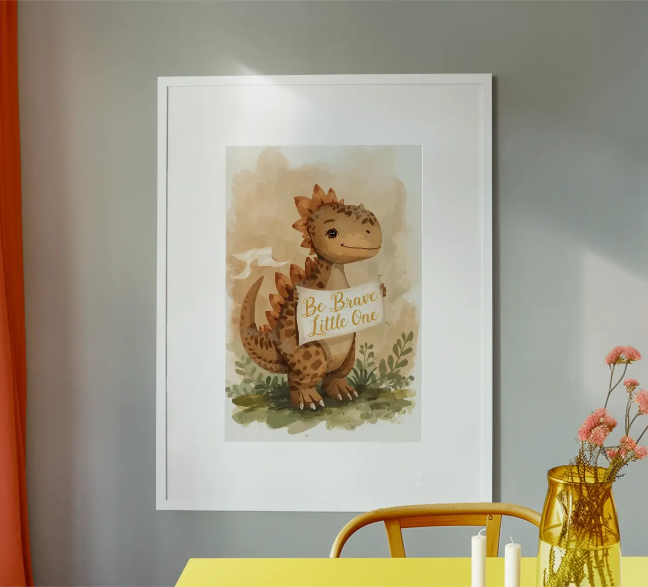 Lindo dinosaurio sosteniendo una pancarta " Be Brave Little One ". hahnemühle de DesignDoodle