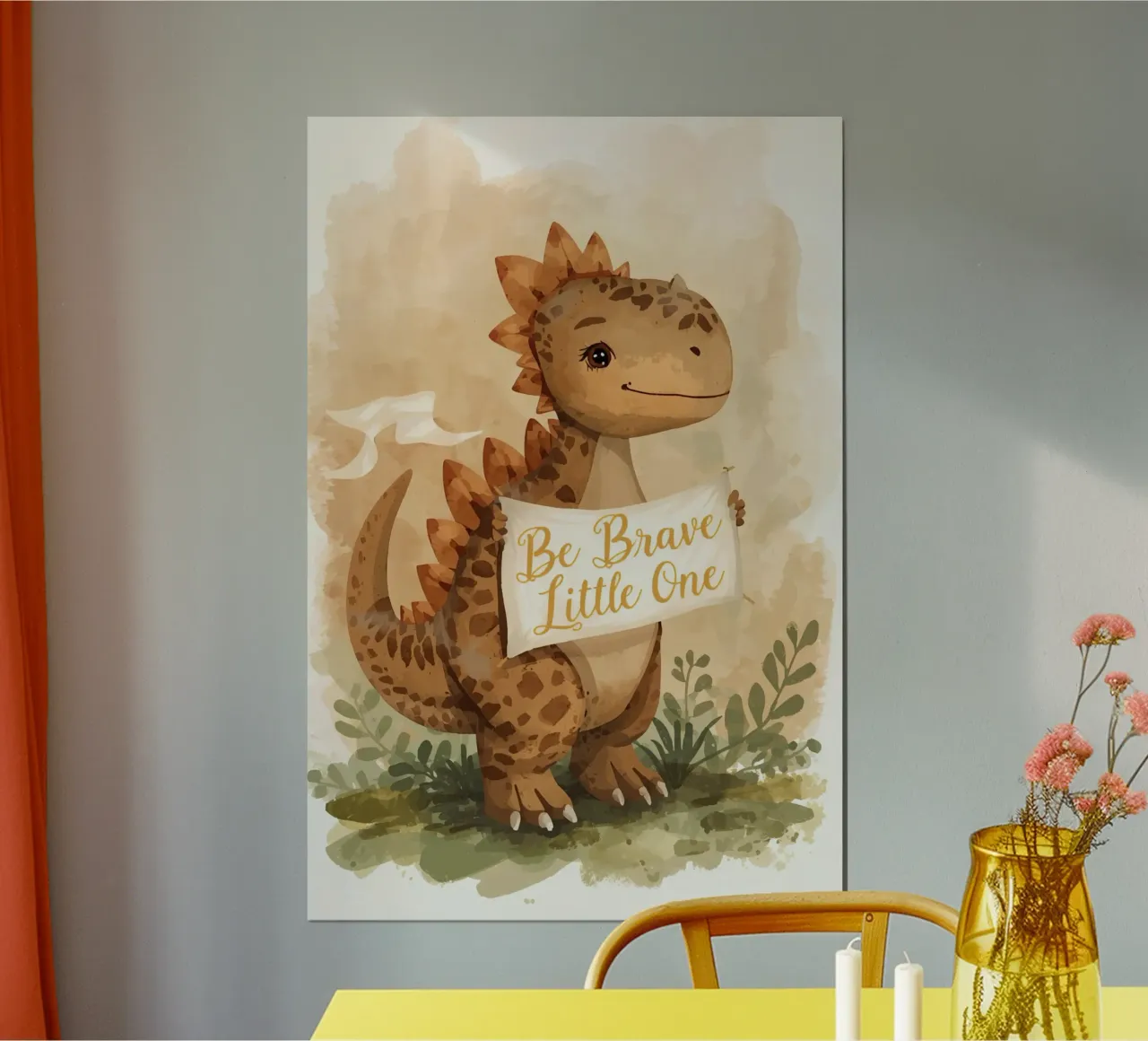 Lindo dinosaurio sosteniendo una pancarta " Be Brave Little One ". hahnemühle de DesignDoodle