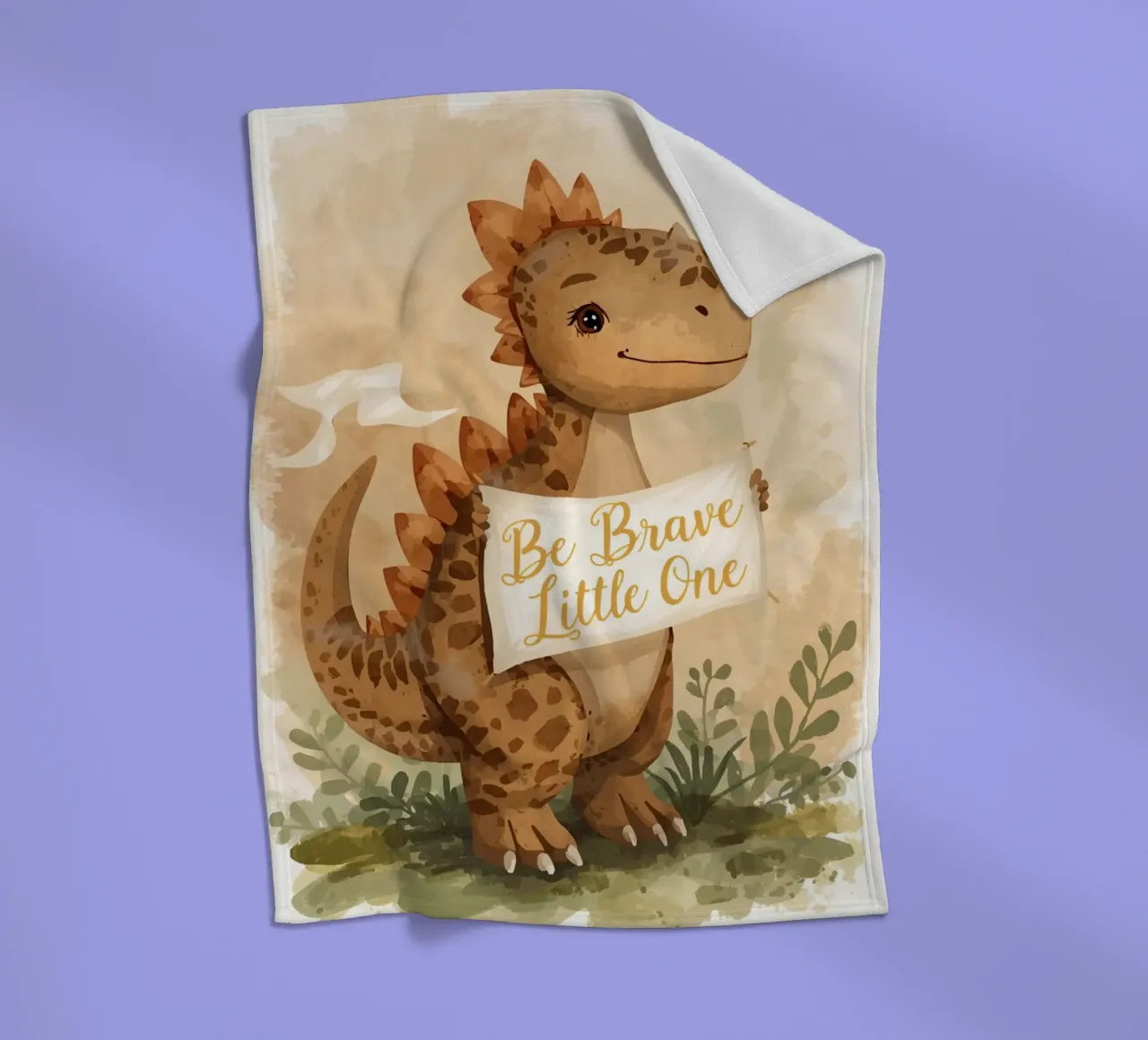 Un simpatico dinosauro con in mano lo striscione "Be Brave Little One". coperta in pile da DesignDoodle