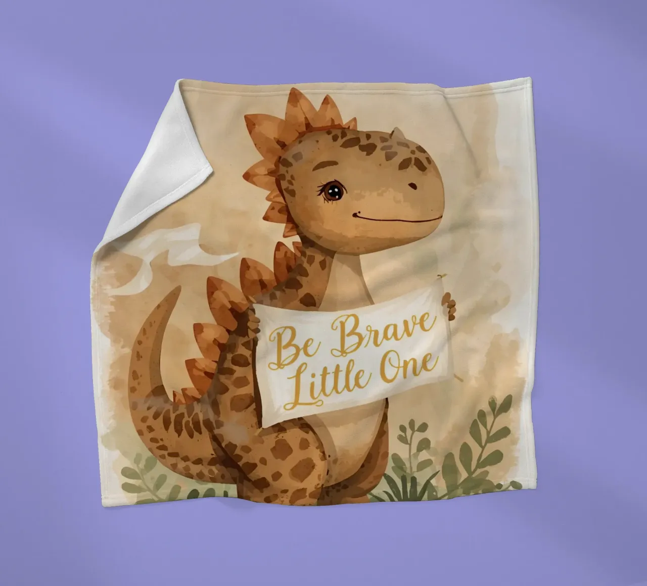 Un simpatico dinosauro con in mano lo striscione "Be Brave Little One". coperta in pile da DesignDoodle