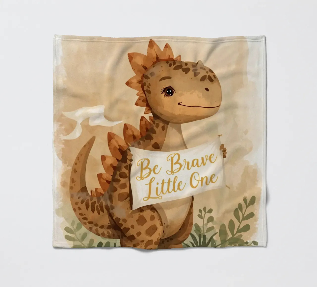Un simpatico dinosauro con in mano lo striscione "Be Brave Little One". coperta in pile da DesignDoodle