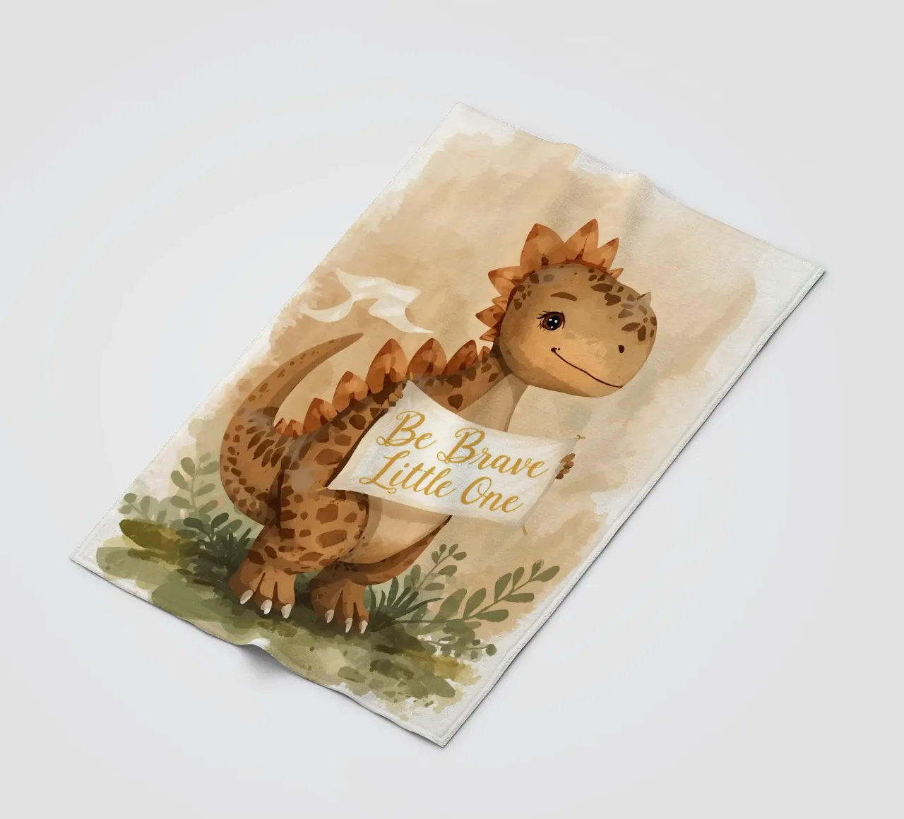 Un simpatico dinosauro con in mano lo striscione "Be Brave Little One". coperta in pile da DesignDoodle