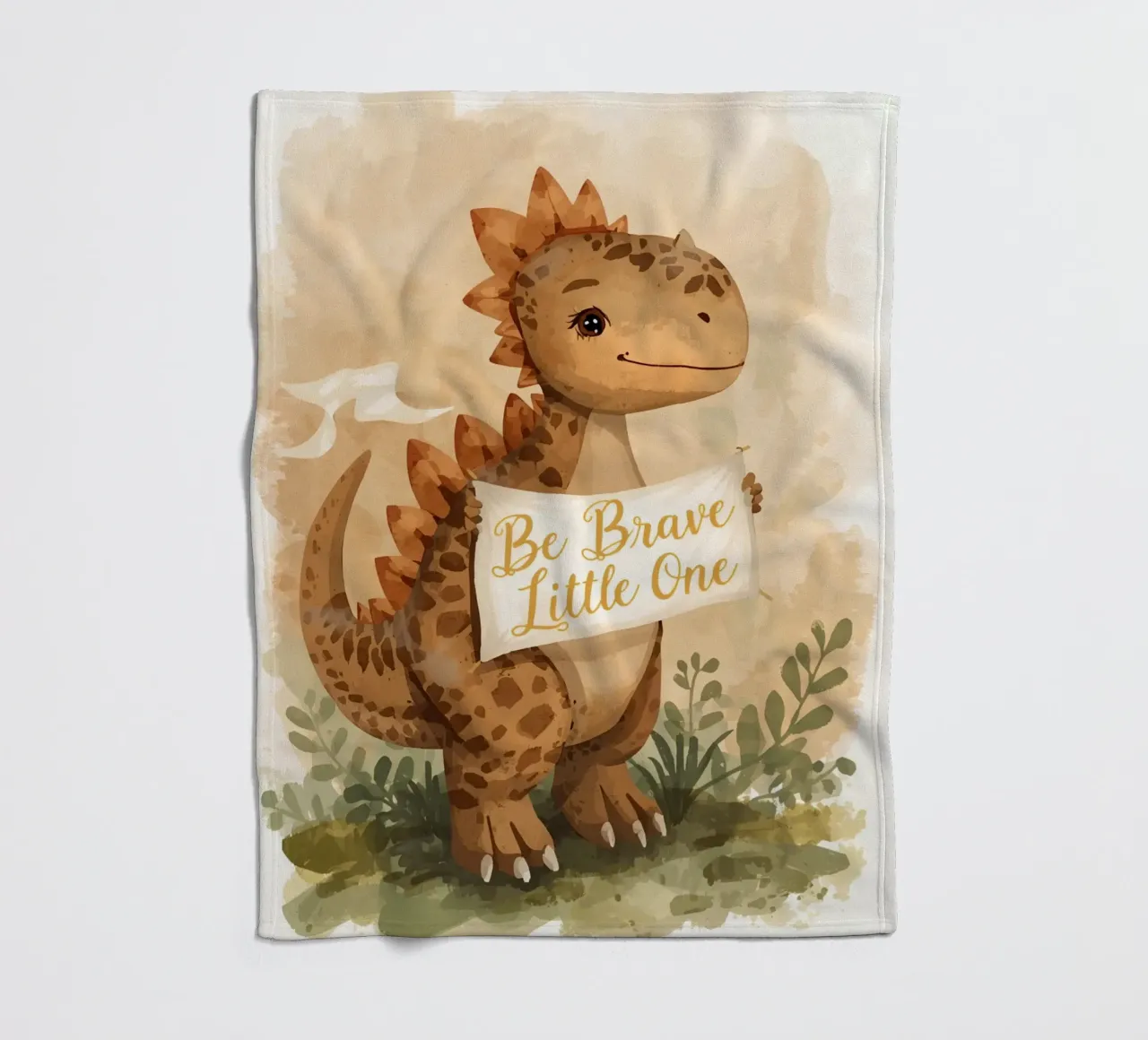 Un simpatico dinosauro con in mano lo striscione "Be Brave Little One". coperta in pile da DesignDoodle