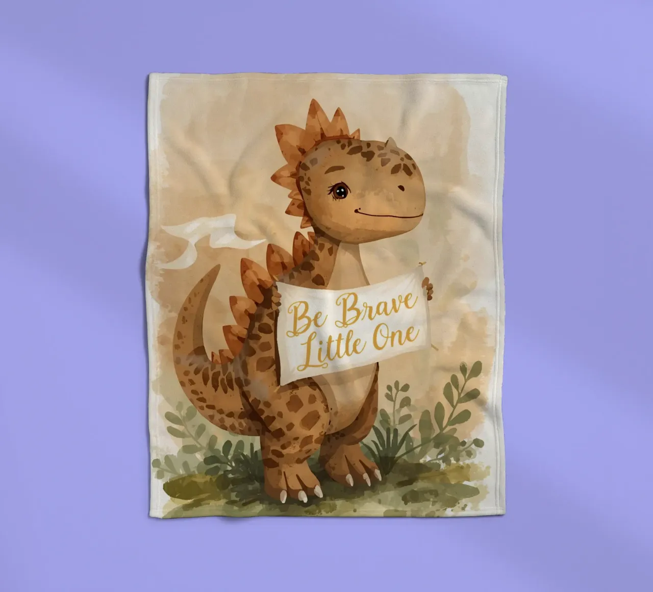 Un simpatico dinosauro con in mano lo striscione "Be Brave Little One". coperta in pile da DesignDoodle