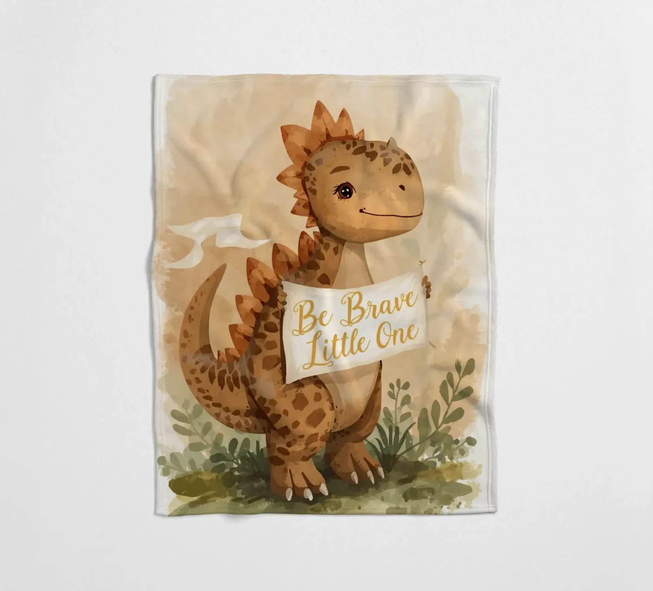 Un simpatico dinosauro con in mano lo striscione "Be Brave Little One". coperta in pile da DesignDoodle