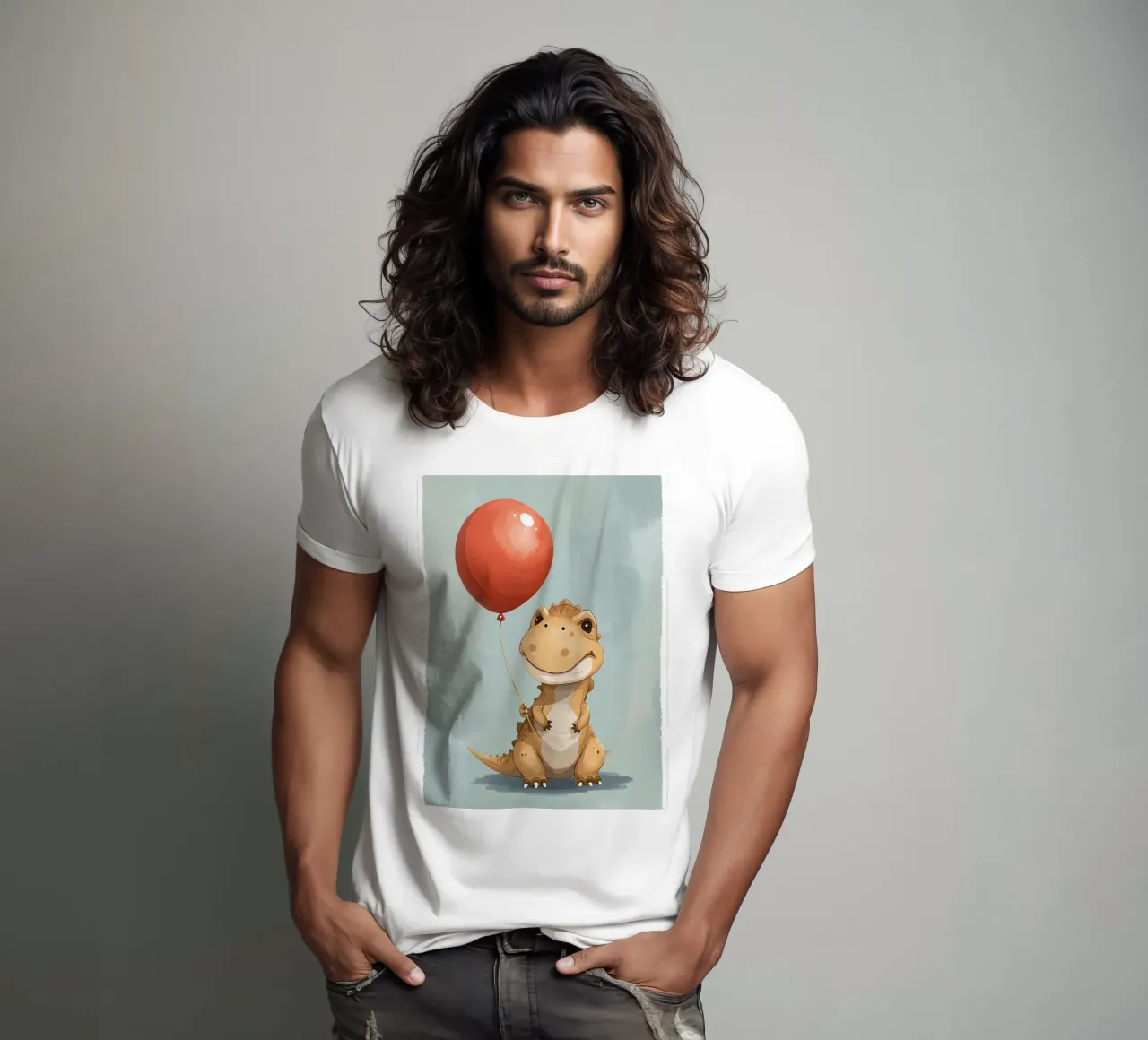 Dinosauro carino con in mano un palloncino rosso t-shirt da DesignDoodle