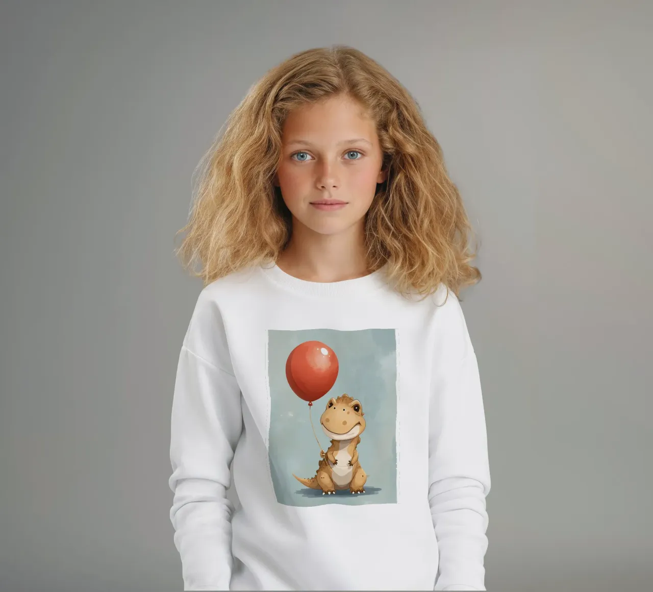 Dinosauro carino con in mano un palloncino rosso felpa bambino da DesignDoodle