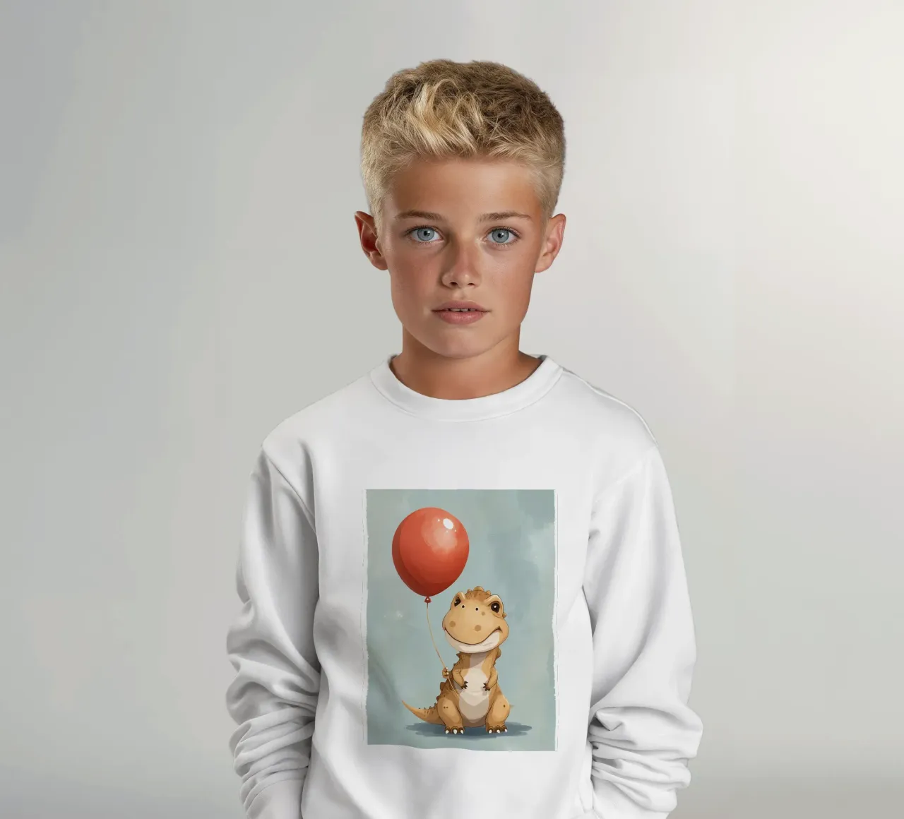 Dinosauro carino con in mano un palloncino rosso felpa bambino da DesignDoodle