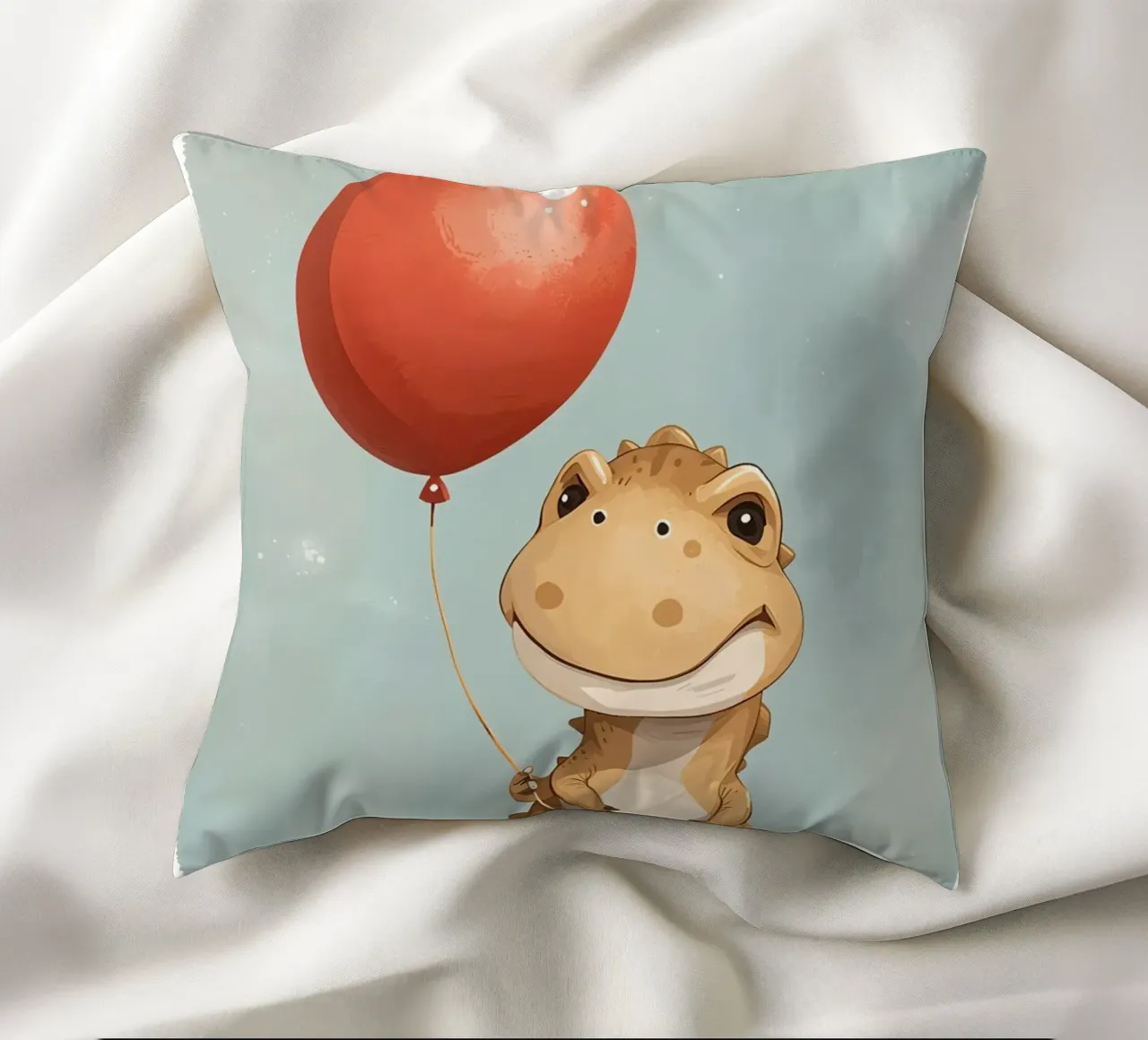 Dinosauro carino con in mano un palloncino rosso cuscino da DesignDoodle