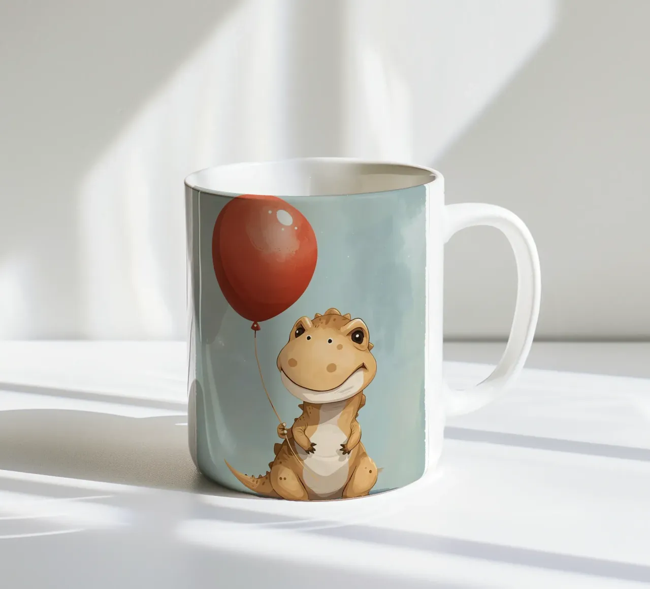 Dinosauro carino con in mano un palloncino rosso tazza in ceramica da DesignDoodle