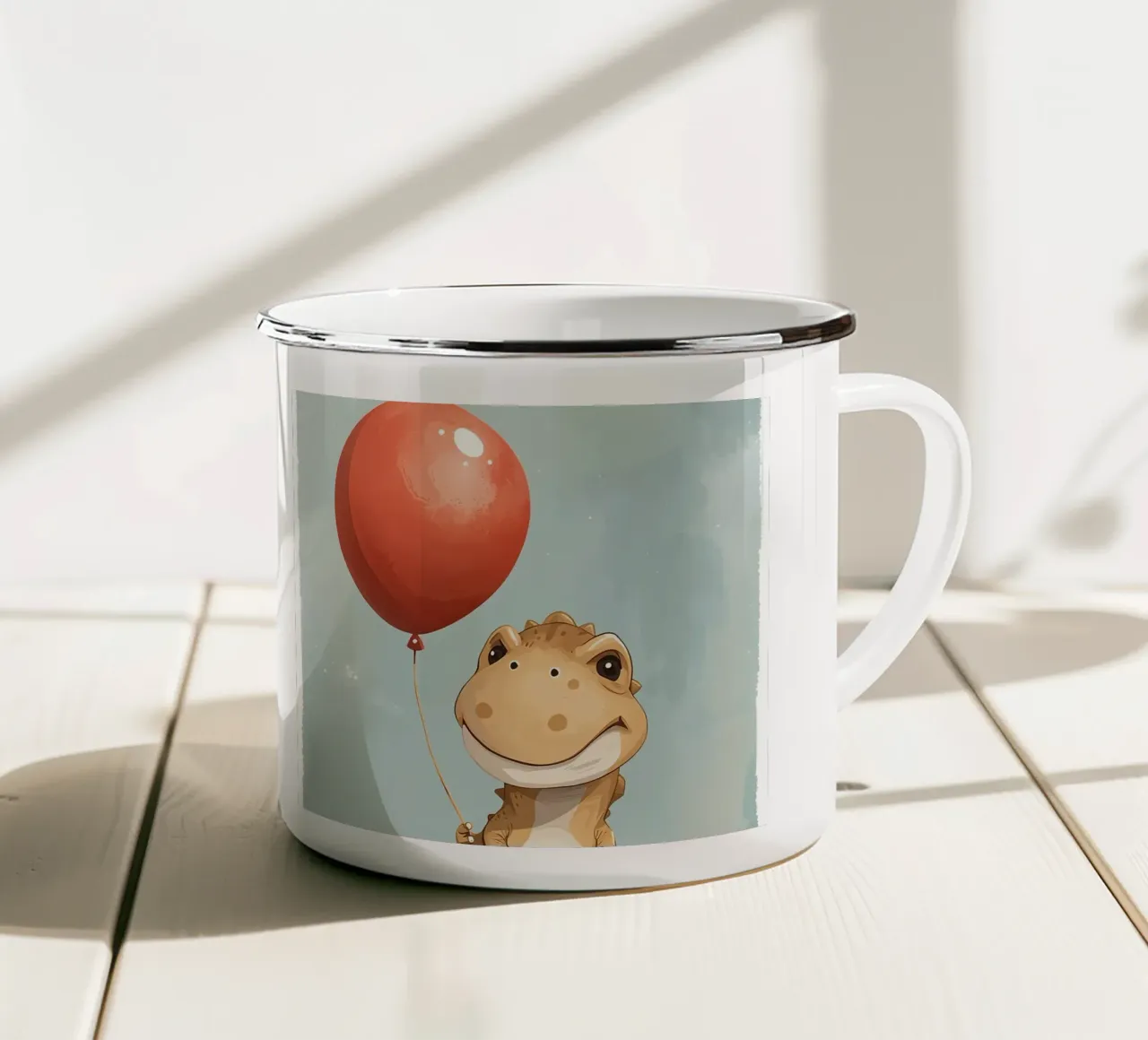 Dinosauro carino con in mano un palloncino rosso tazza in smalto da DesignDoodle