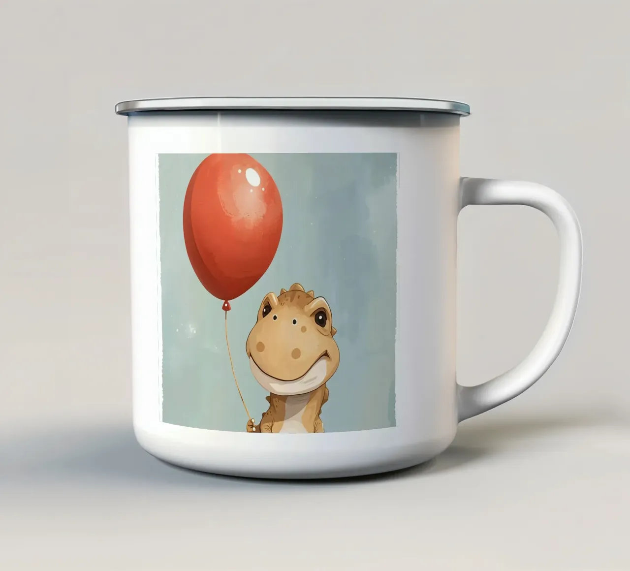 Dinosauro carino con in mano un palloncino rosso tazza in smalto da DesignDoodle