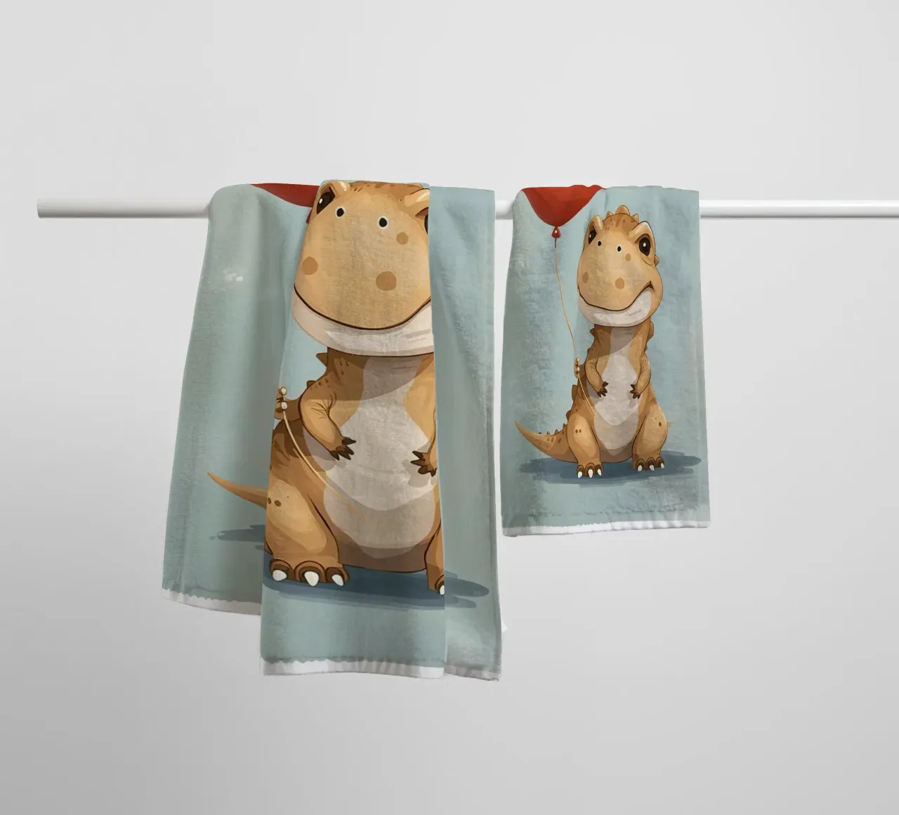 Dinosauro carino con in mano un palloncino rosso asciugamano da bagno da DesignDoodle