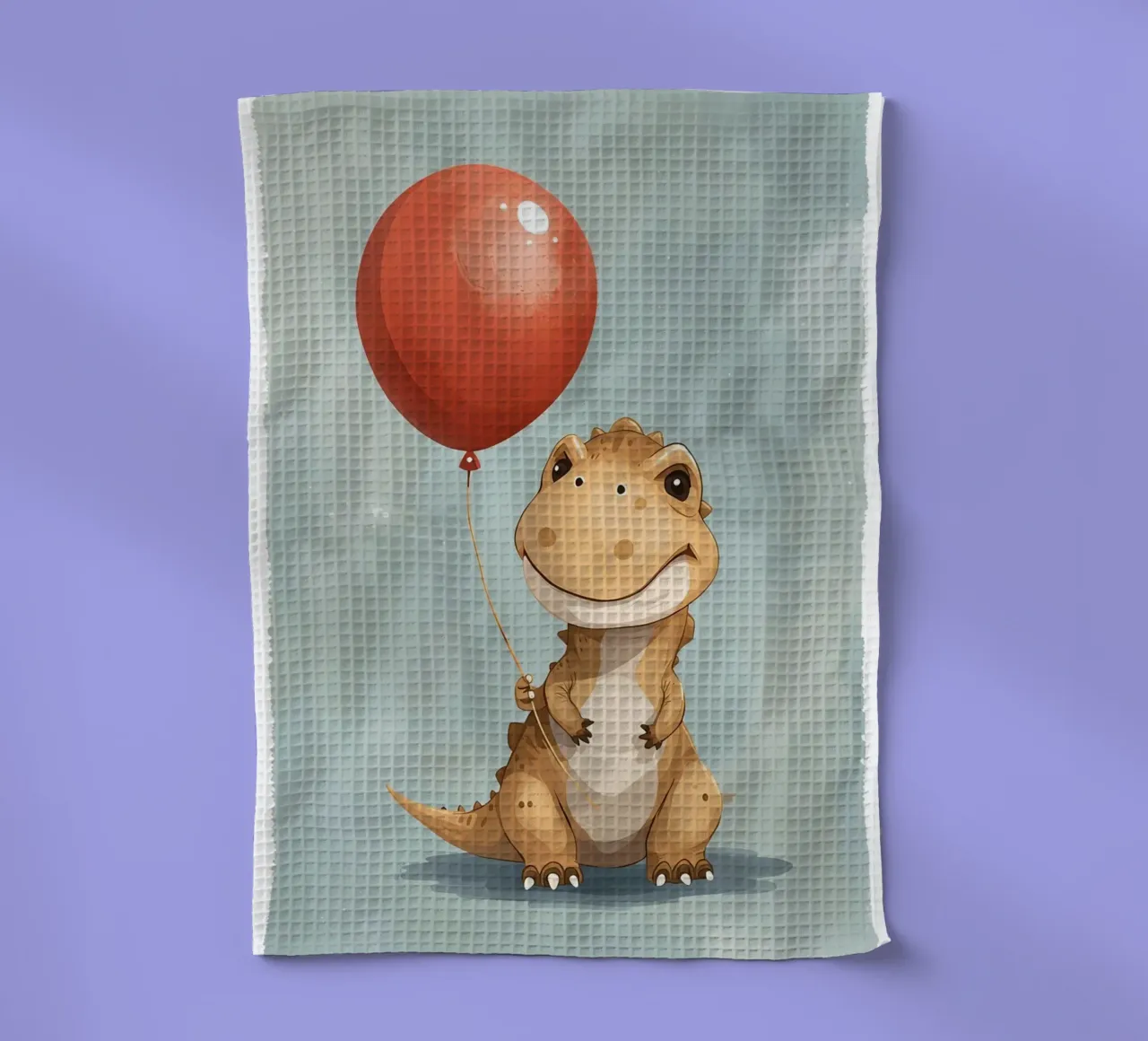 Dinosauro carino con in mano un palloncino rosso canovaccio da cucina da DesignDoodle
