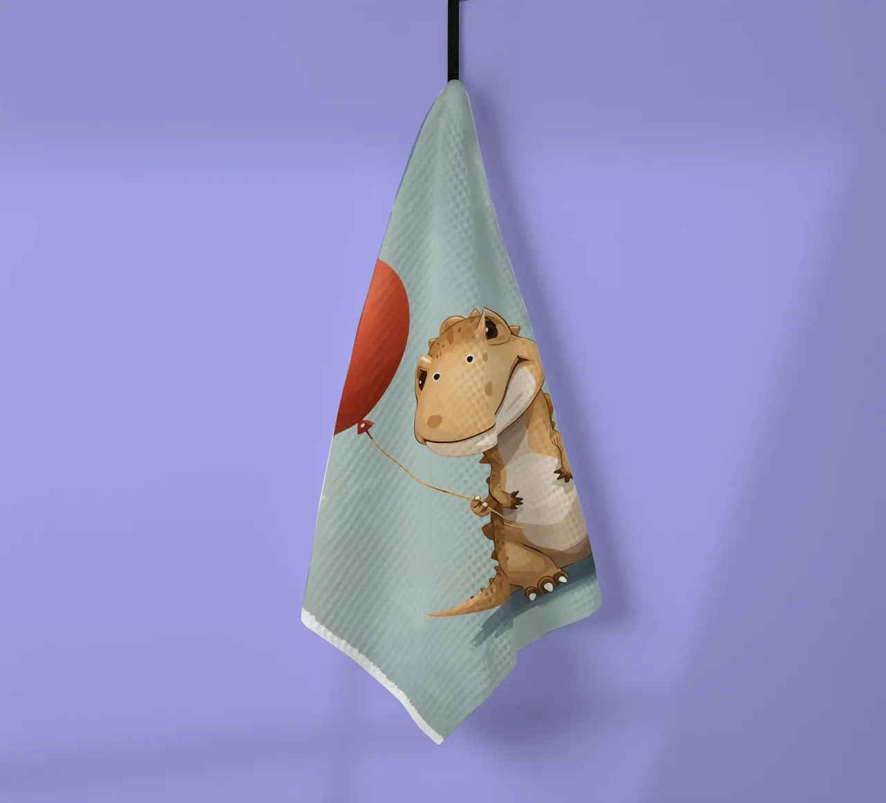 Dinosauro carino con in mano un palloncino rosso canovaccio da cucina da DesignDoodle