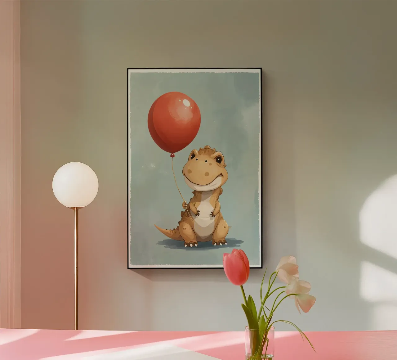 Dinosauro carino con in mano un palloncino rosso plexiglass da DesignDoodle