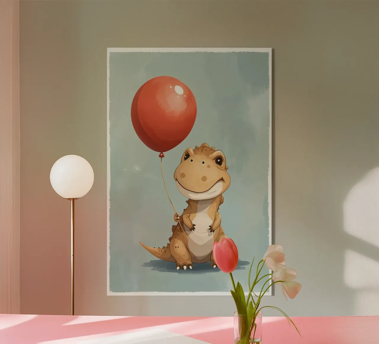 Dinosauro carino con in mano un palloncino rosso plexiglass da DesignDoodle