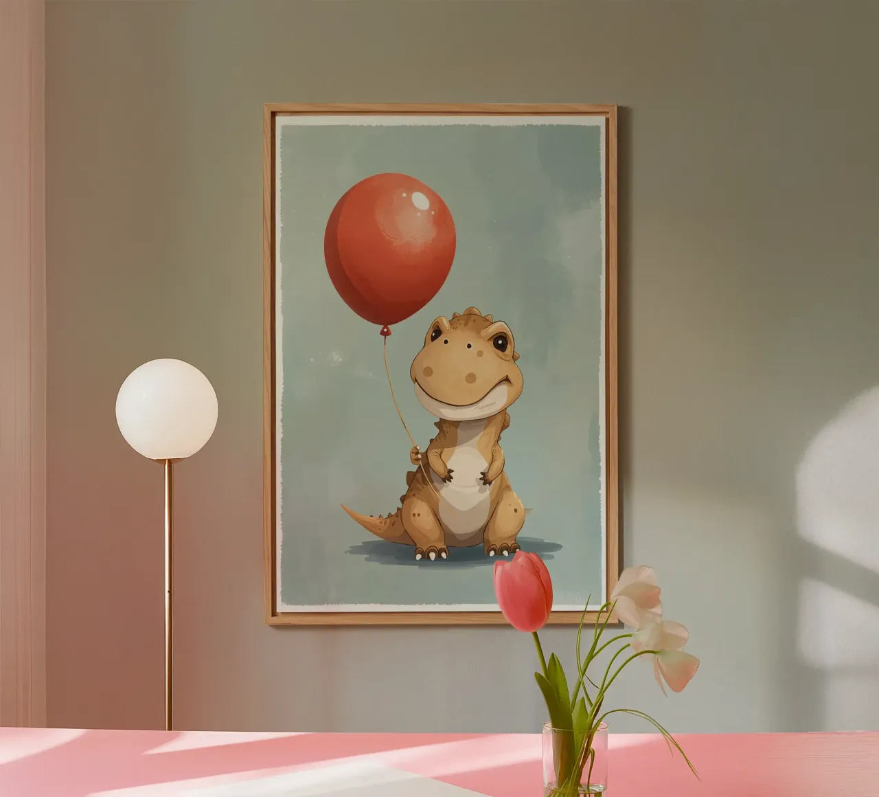 Dinosauro carino con in mano un palloncino rosso pannello forex da DesignDoodle