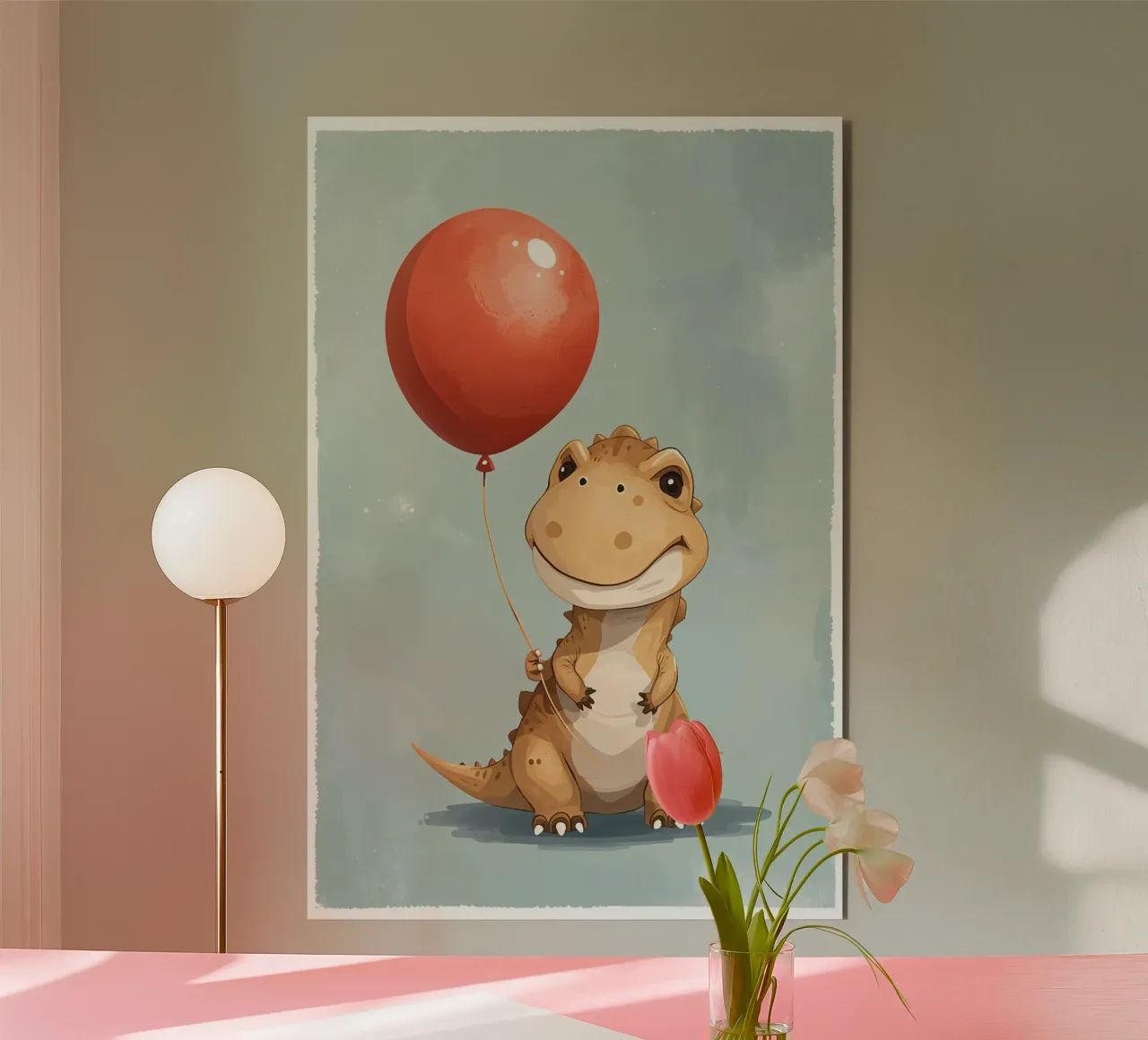 Dinosauro carino con in mano un palloncino rosso pannello forex da DesignDoodle