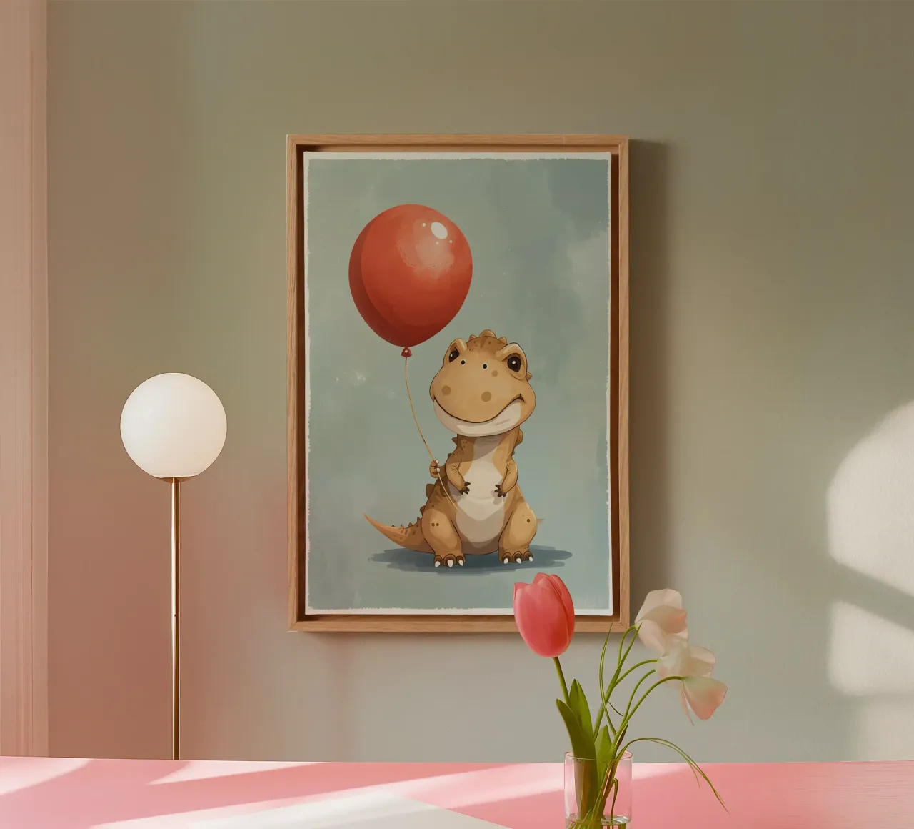 Dinosauro carino con in mano un palloncino rosso tela da DesignDoodle
