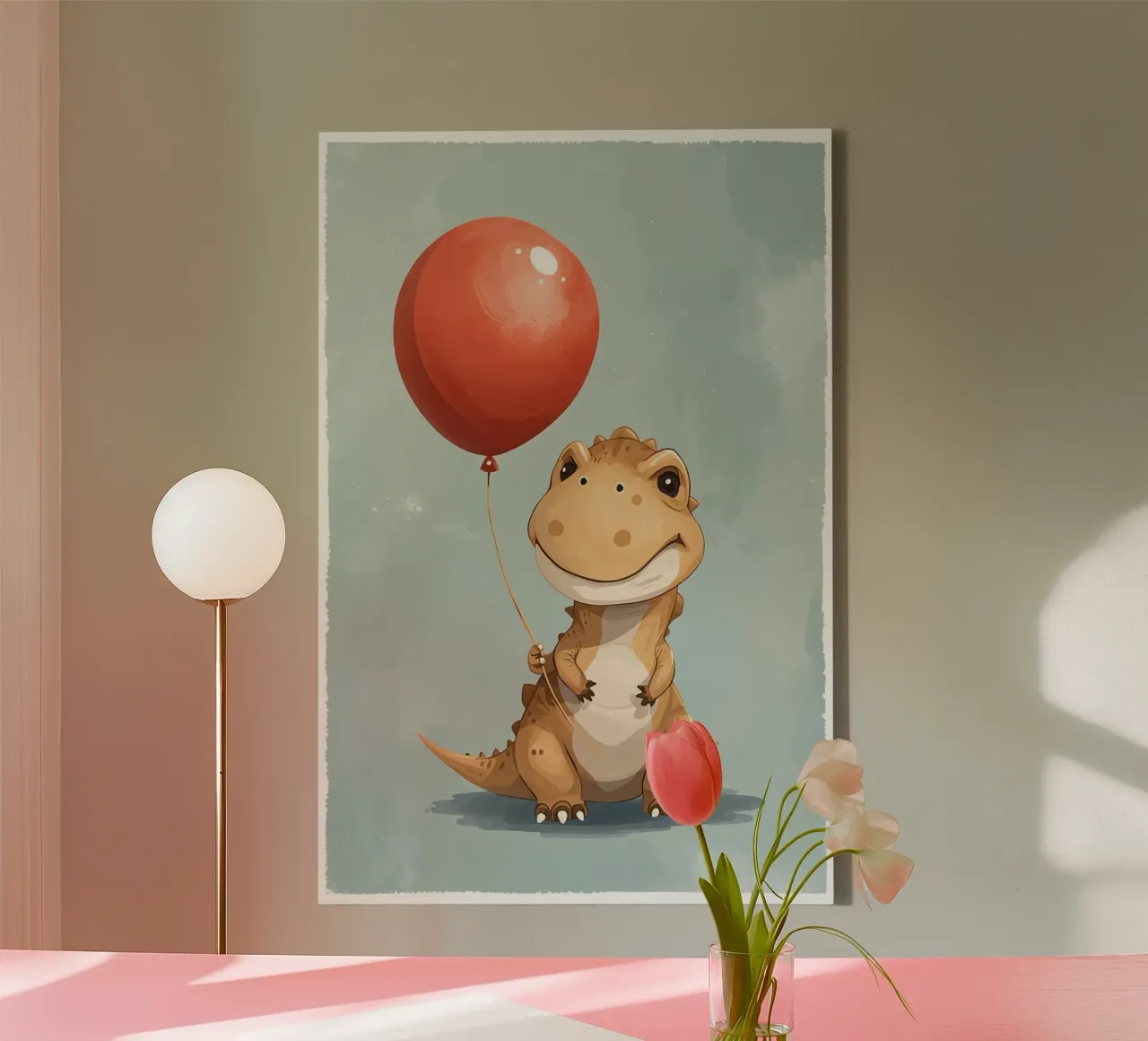 Dinosauro carino con in mano un palloncino rosso tela da DesignDoodle