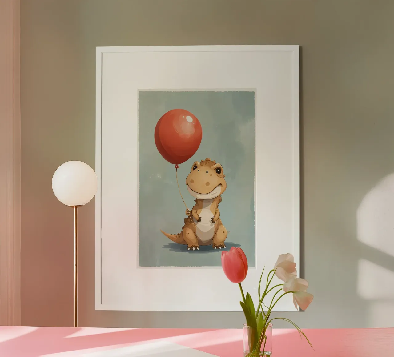 Dinosauro carino con in mano un palloncino rosso poster da DesignDoodle