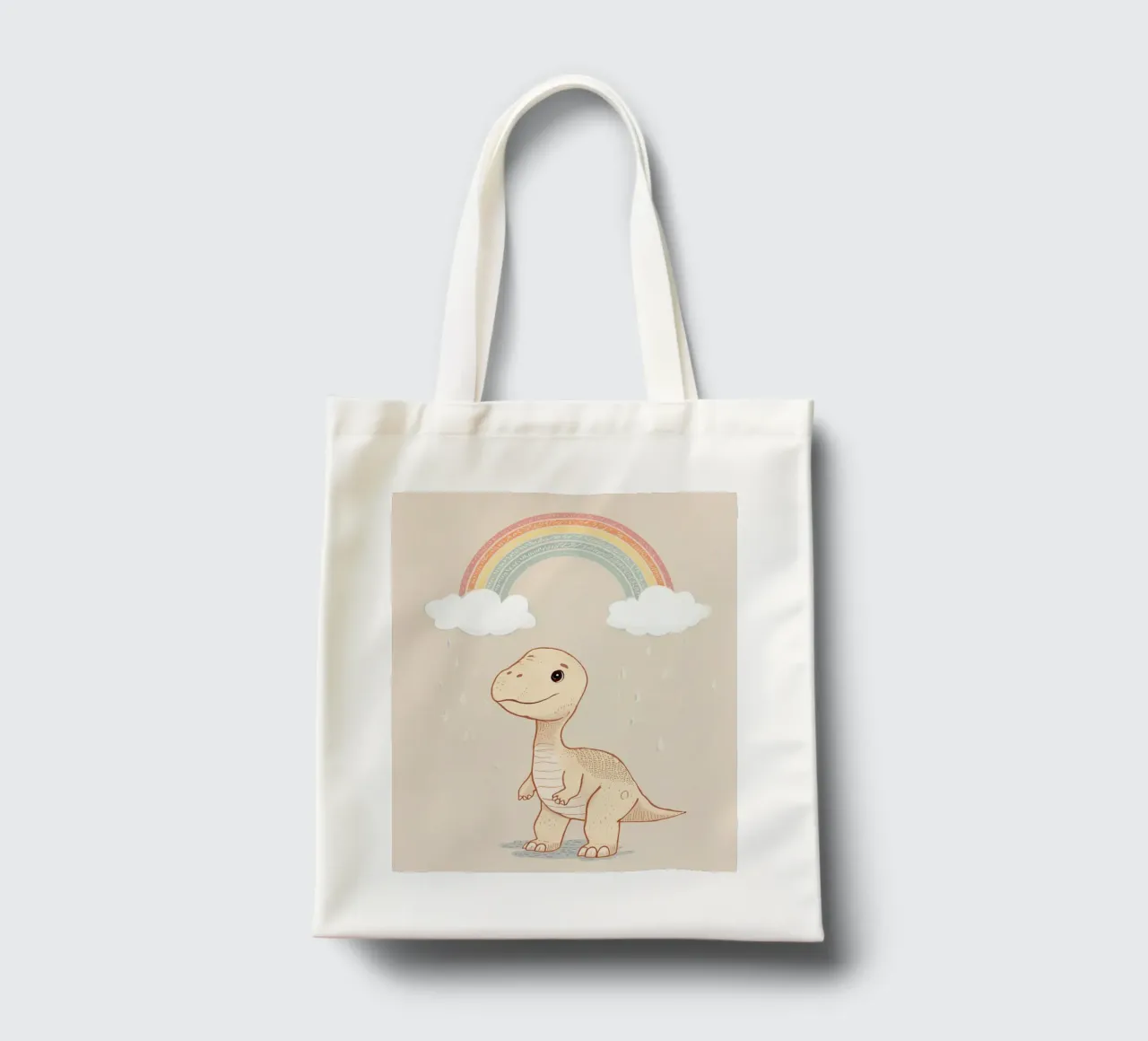 Adorabile dinosauro sotto l'arcobaleno e la pioggia borsa in juta da DesignDoodle