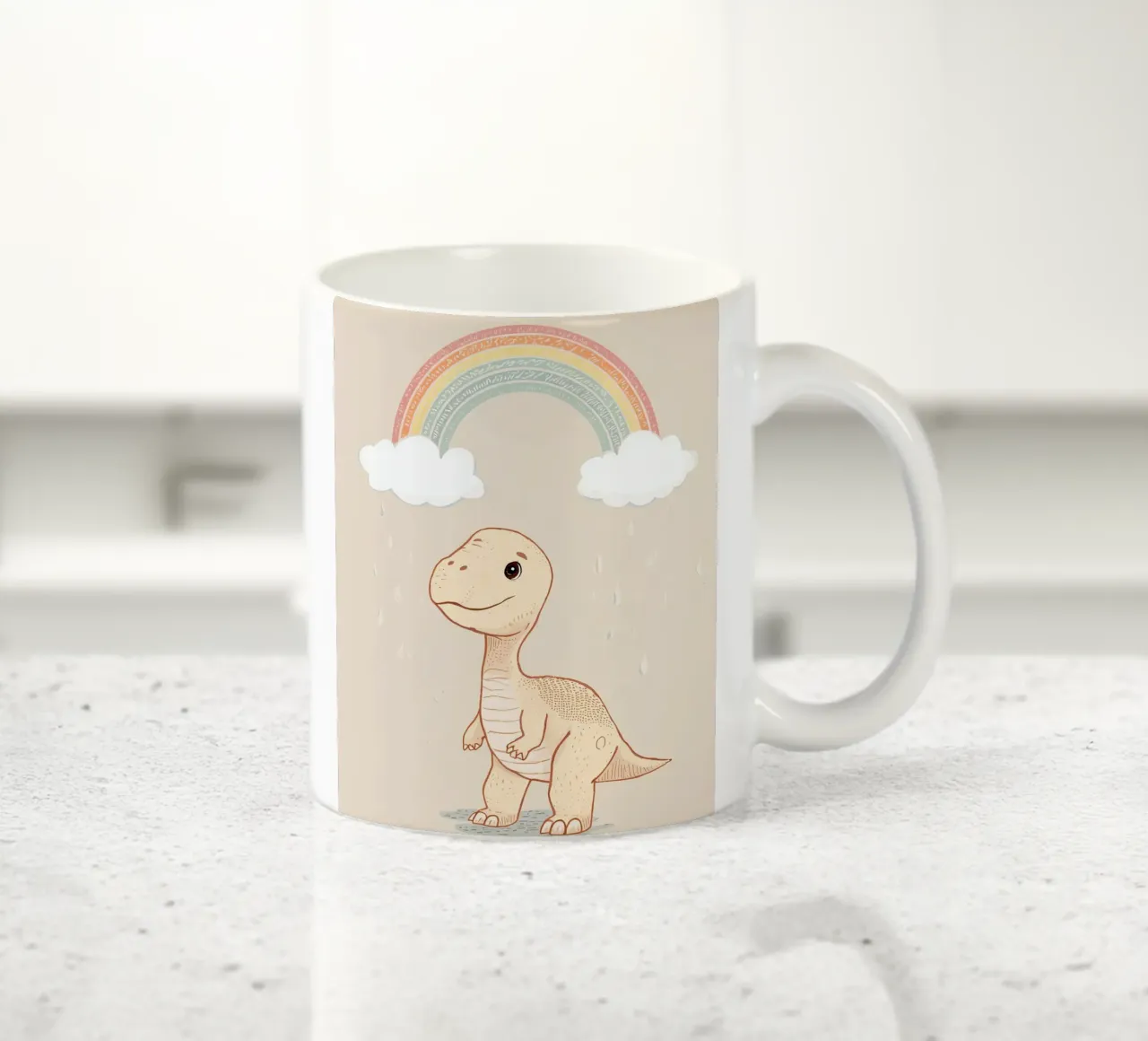 Adorabile dinosauro sotto l'arcobaleno e la pioggia tazza in ceramica da DesignDoodle