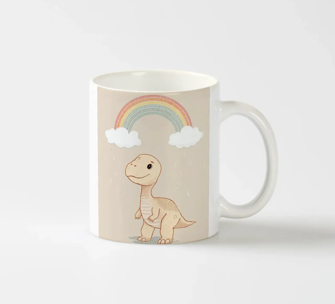 Adorabile dinosauro sotto l'arcobaleno e la pioggia tazza in ceramica da DesignDoodle