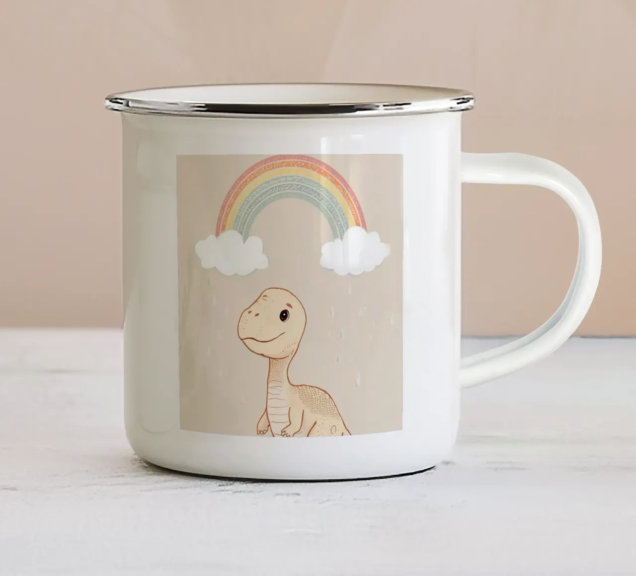 Adorabile dinosauro sotto l'arcobaleno e la pioggia tazza in smalto da DesignDoodle