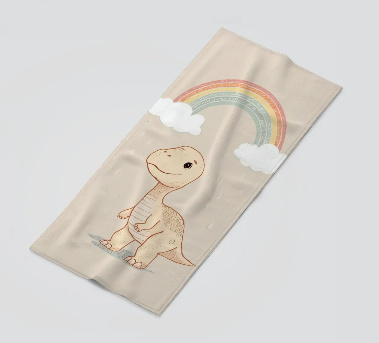 Adorabile dinosauro sotto l'arcobaleno e la pioggia telo mare da DesignDoodle