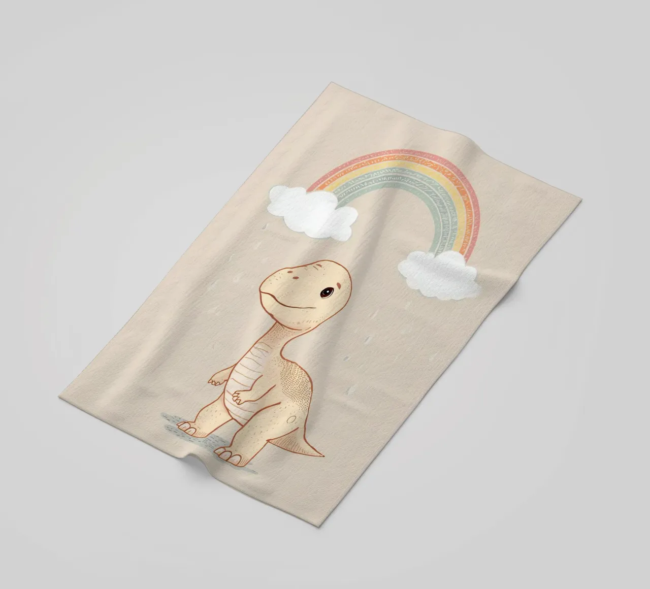 Adorabile dinosauro sotto l'arcobaleno e la pioggia telo mare da DesignDoodle