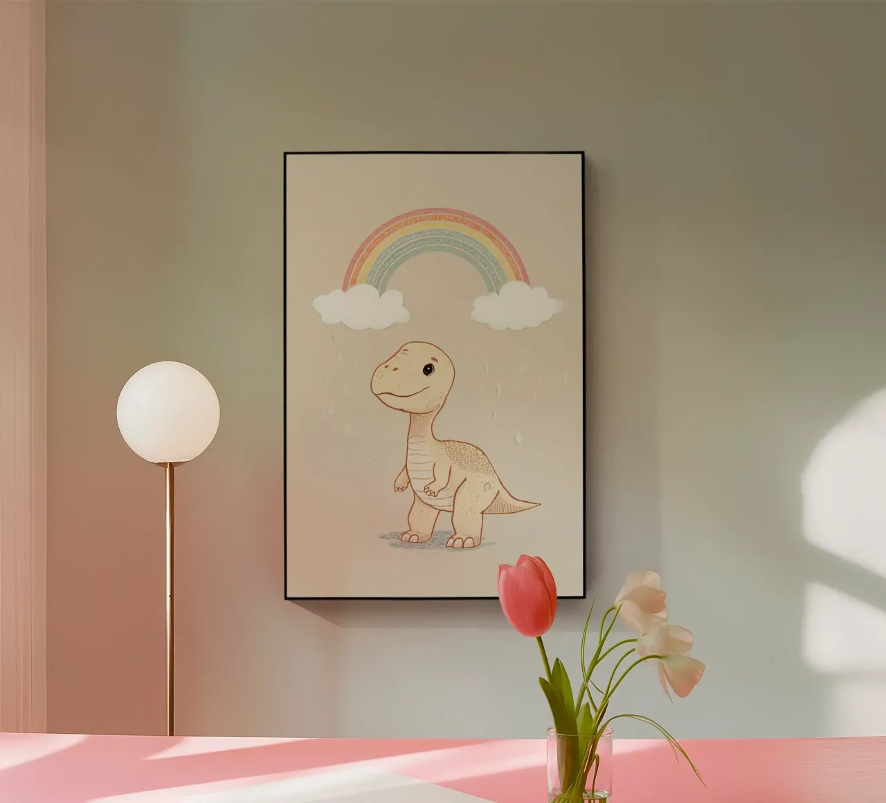 Adorabile dinosauro sotto l'arcobaleno e la pioggia plexiglass da DesignDoodle