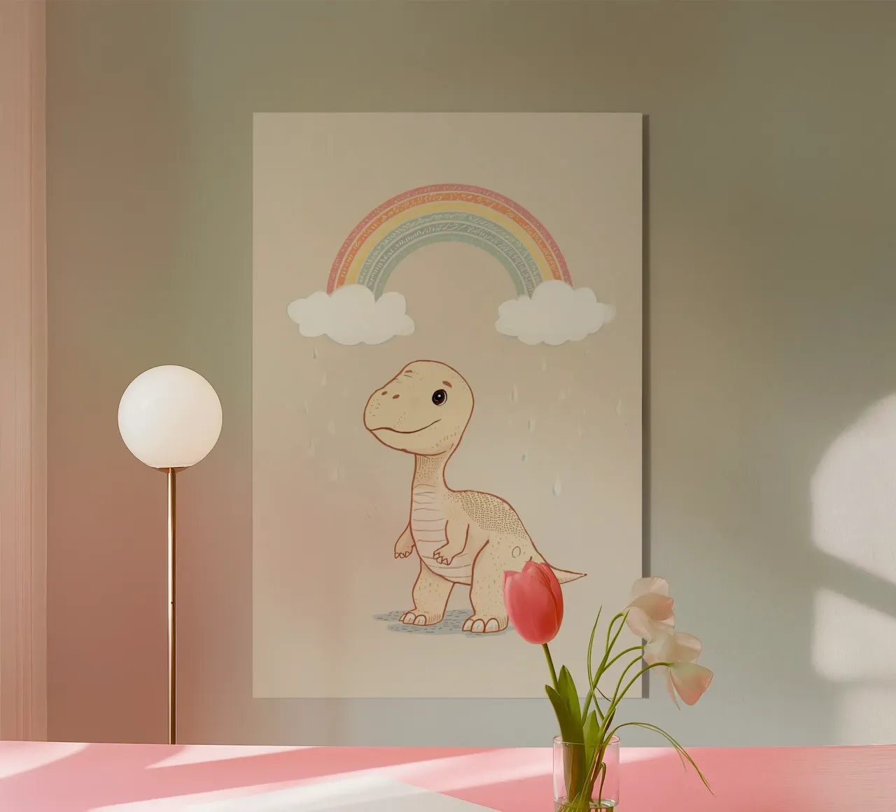 Adorabile dinosauro sotto l'arcobaleno e la pioggia plexiglass da DesignDoodle