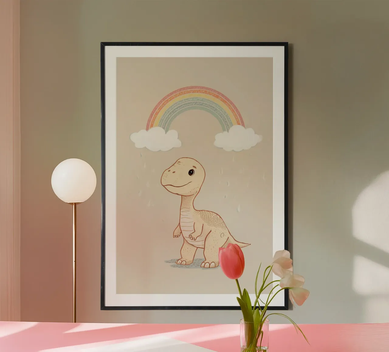 Adorabile dinosauro sotto l'arcobaleno e la pioggia carta hahnemühle da DesignDoodle