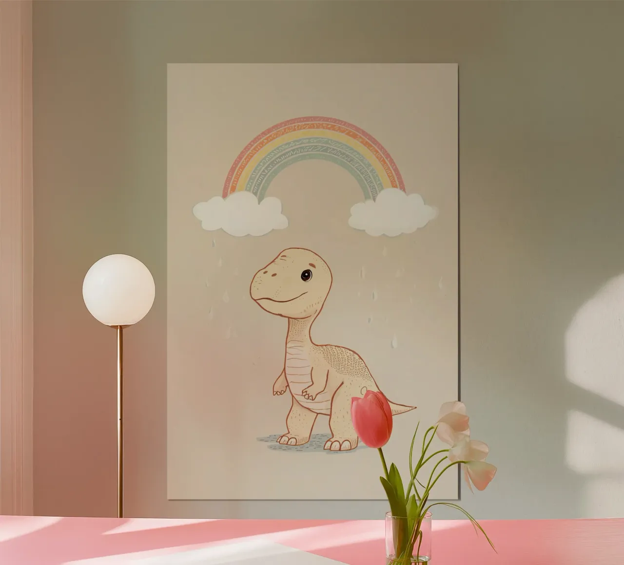 Adorabile dinosauro sotto l'arcobaleno e la pioggia carta hahnemühle da DesignDoodle