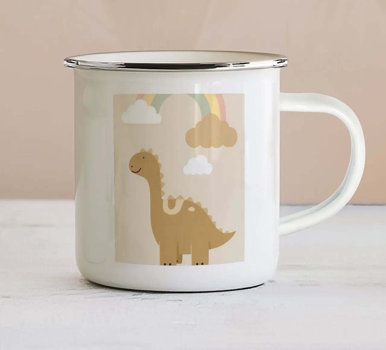 Dinosauro carino con arcobaleno e nuvole tazza in smalto da DesignDoodle